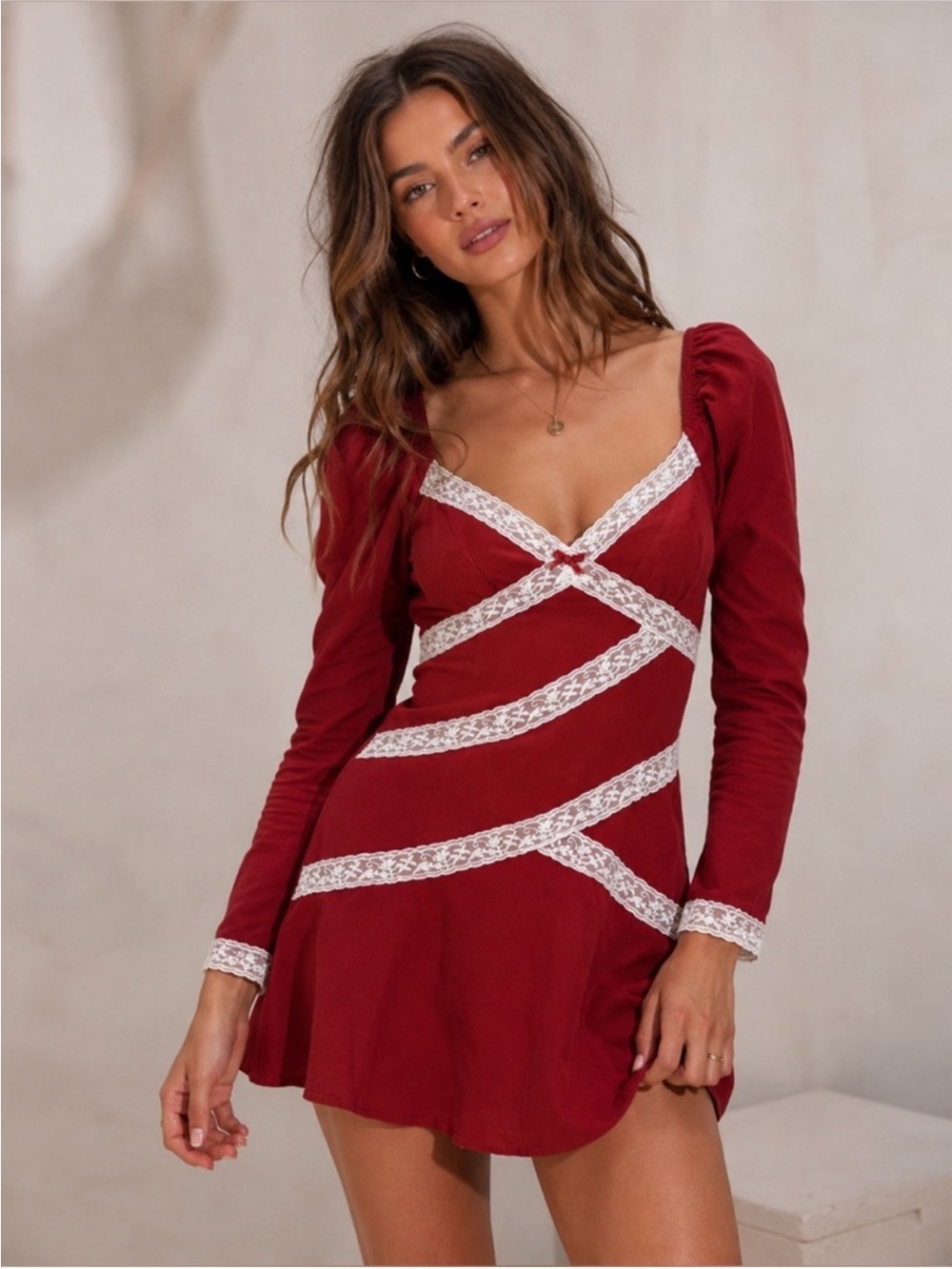 Free People Tennley Corduroy Mini Dress in red with contrast lace trim NWT